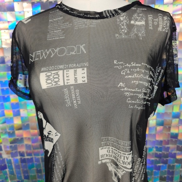 Just Polly New York Women's Mesh Graphic Print Short Sleeve Top XL Made in USA - Picture 2 of 7